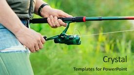  Presentation with fish river - Colorful PPT theme enhanced with fisherman with a spinning rod catching fish on a river man on a weekend hobby leisure and active summer and autumn concept nature background backdrop and a seafoam green colored foreground