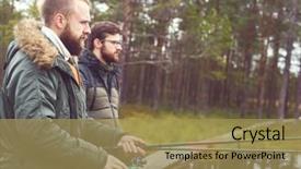  Presentation with fish river - Theme enhanced with fisherman with a spinning rod catching fish on a river man on a weekend hobby leisure and active summer and autumn concept rural background background and a coral colored foreground