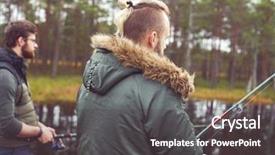  Presentation with fish river - PPT layouts with fisherman with a spinning rod catching fish on a river man on a weekend hobby leisure and active summer and autumn concept rural background background and a dark gray colored foreground