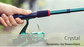  Presentation with spinning - Colorful PPT theme enhanced with fisherman with a spinning and bait catching fish on a lake or river man on a weekend with a fishing road hobby and leisure concept backdrop and a soft green colored foreground