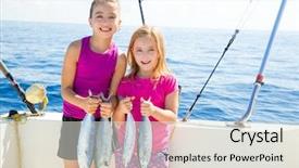  Presentation with tuna - Presentation theme having fisherwomen kid girls on boat background and a light gray colored foreground
