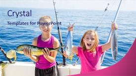  Presentation with tuna - Presentation theme having fisherwomen kid girls on boat background and a sky blue colored foreground
