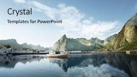  Presentation with overcrowding islands - Beautiful theme featuring fishing boat - sunset - reine lofoten islands backdrop and a light blue colored foreground