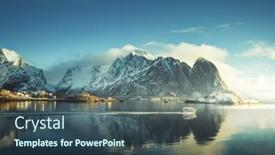  Presentation with fishing boat - Colorful PPT theme enhanced with fishing-boat-and-reine-village backdrop and a ocean colored foreground