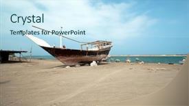 Presentation with fishing boat - Slide deck with heritage - fishing boat in dubai background and a cool aqua colored foreground