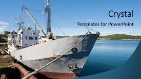  Presentation with fishing boat - Colorful slide set enhanced with fishing boat is moored backdrop and a light blue colored foreground