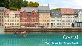  Presentation with boat river - Theme having fishing-boat-on-city-river background and a ocean colored foreground