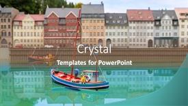  Presentation with boat river - Amazing slide deck having fishing-boat-on-city-river backdrop and a coral colored foreground
