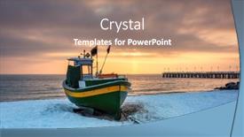  Presentation with sea fishing - Slide deck having fishing-boat-on-snowy-beach background and a coral colored foreground