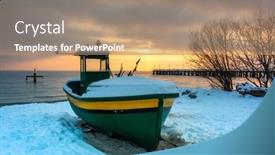  Presentation with sea fishing - Beautiful PPT layouts featuring fishing-boat-on-snowy-beach backdrop and a coral colored foreground