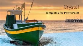  Presentation with sea fishing - Amazing slide deck having fishing-boat-on-snowy-beach backdrop and a yellow colored foreground