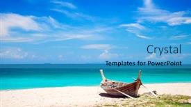  Presentation with fishing boat - Beautiful presentation design featuring fishing-boat-on-the-beach backdrop and a teal colored foreground