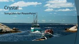  Presentation with commercial fishing vessels - Audience pleasing PPT theme consisting of fishing boat pulling barges backdrop and a light blue colored foreground