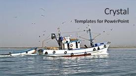  Presentation with fishing boat - Presentation featuring fishing boat returning to home background and a light blue colored foreground