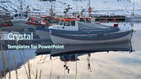  Presentation with vessels - Cool new slide deck with fishing boats docked at the quay pier in a small icelandic village seydisfjordur calm water with reflection of vessels backdrop and a ocean colored foreground