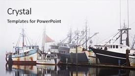  Presentation with fishing boats - Audience pleasing presentation theme consisting of fishing boats in harbor fog with copyspace backdrop and a sky blue colored foreground