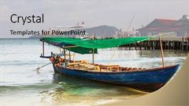  Presentation with long tailed boat fishing boat - Beautiful presentation theme featuring fishing boats in kep cambodia backdrop and a light gray colored foreground