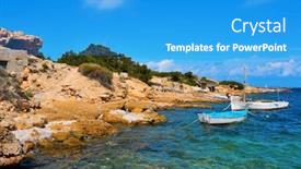  Presentation with fishing boats - Theme enhanced with fishing boats moored in natural moorings and typical wooden slipways and huts in punta de sa pedrera in formentera balearic islands spain background and a teal colored foreground