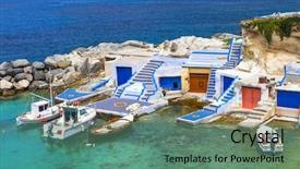  Presentation with fishing boats - Presentation theme enhanced with fishing boats on milos island background and a ocean colored foreground