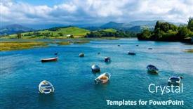  Presentation with fishing boats - PPT theme having fishing-boats-on-the-shore background and a ocean colored foreground