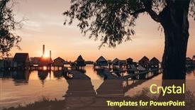  Presentation with calm - Slide deck featuring fishing cabins at calm lake background and a tawny brown colored foreground