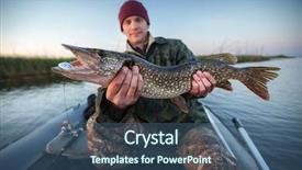  Presentation with fishing boat - Cool new PPT theme with fishing fish - happy young fisherman holding pike backdrop and a ocean colored foreground