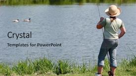  Presentation with summer camp volunteer orientation - Slide deck having fishing hook line sinker - summer afternoon background and a  colored foreground