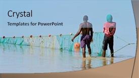  Presentation with fishing net - Audience pleasing slide set consisting of ocean fisheries - mozambican fishermen pulling a fishing backdrop and a light blue colored foreground