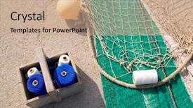  Presentation with fishing net - Slides consisting of fishing net repair kit with sewing thread spool box background and a coral colored foreground