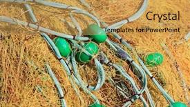  Presentation with fishing nets - Presentation with fishing nets and buoys tackle for professional mediterranean fisher boat background and a yellow colored foreground