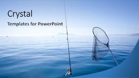  Presentation with fishing boat - Presentation design having fishing rod and landing net background and a light blue colored foreground
