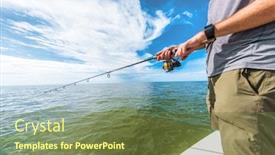  Presentation with fishing boat - Slide deck having fishing-rod-wheel-man-fishing background and a tawny brown colored foreground