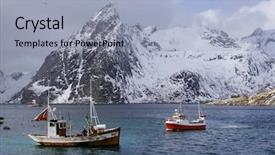  Presentation with norway - Beautiful presentation design featuring fishing ships in lofoten archipelago backdrop and a light blue colored foreground