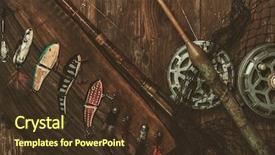  Presentation with fishing - Cool new slide set with fishing tools on a wooden backdrop and a tawny brown colored foreground