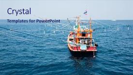  Presentation with vessels - Audience pleasing PPT theme consisting of fishing vessels at the island backdrop and a sky blue colored foreground