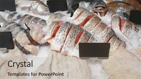  Presentation with top view of fresh fish - Beautiful slide deck featuring fishy - fresh fish in supermarket backdrop and a  colored foreground