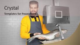  Presentation with top view of fresh fish - Colorful slide deck enhanced with fishy - seller holding fresh fish backdrop and a light gray colored foreground