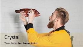  Presentation with top view of fresh fish - Colorful presentation design enhanced with fishy - seller holding fresh fish backdrop and a yellow colored foreground