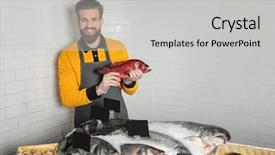  Presentation with top view of fresh fish - Beautiful slide set featuring fishy - seller holding fresh fish backdrop and a light gray colored foreground