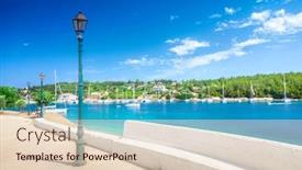  Presentation with village - PPT theme consisting of fiskardo-village-and-harbor background and a lemonade colored foreground