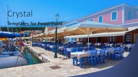  Presentation with village - Slides consisting of fiskardo-village-and-harbor background and a teal colored foreground