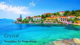  Presentation with village - PPT layouts enhanced with fiskardo-village-kefalonia-island-greece background and a teal colored foreground