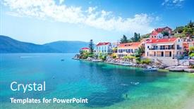  Presentation with island - Presentation design featuring fiskardo-village-kefalonia-island-greece background and a teal colored foreground