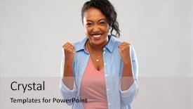  Presentation with sales forecast people behind success - Presentation design featuring fist pump - success winning gesture and people background and a  colored foreground