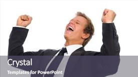  Presentation with executive summary - Beautiful slides featuring fist pump - young caucasian executive raises his backdrop and a dark gray colored foreground
