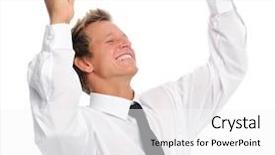  Presentation with executive attire - Amazing theme having fist pump - young caucasian executive raises his backdrop and a white colored foreground