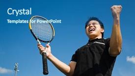  Presentation with professional tennis player athlete man - Audience pleasing theme consisting of fist pump - young sporty asian tennis player backdrop and a ocean colored foreground