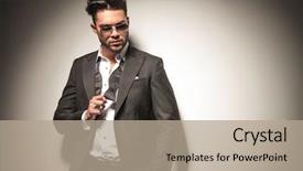  Presentation with business man climbs up to the top of 3d success stairs steps - Audience pleasing presentation design consisting of fist up showing his ring backdrop and a coral colored foreground