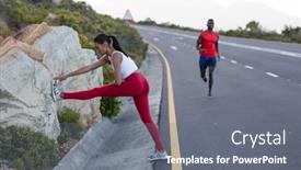  Presentation with coastal - Colorful slide set enhanced with fit-african-american-woman backdrop and a gray colored foreground