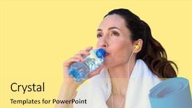  Presentation with yellow music - Beautiful PPT theme featuring fit beautiful brunette drinking water while listening music against yellow background backdrop and a blonde colored foreground
